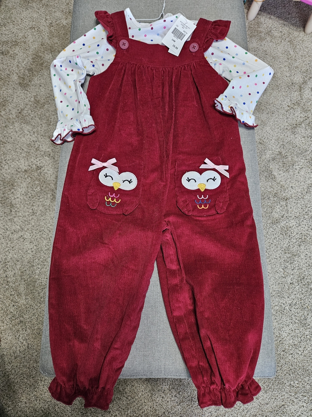 Good Lad Red Corduroy Owl Overalls with Polka Dot Top